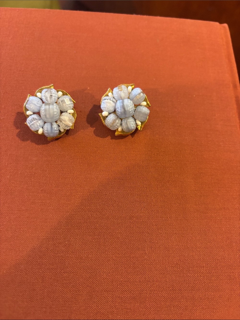 Gold-Tone Floral Cluster Clip-On Earrings with Light Blue Beads